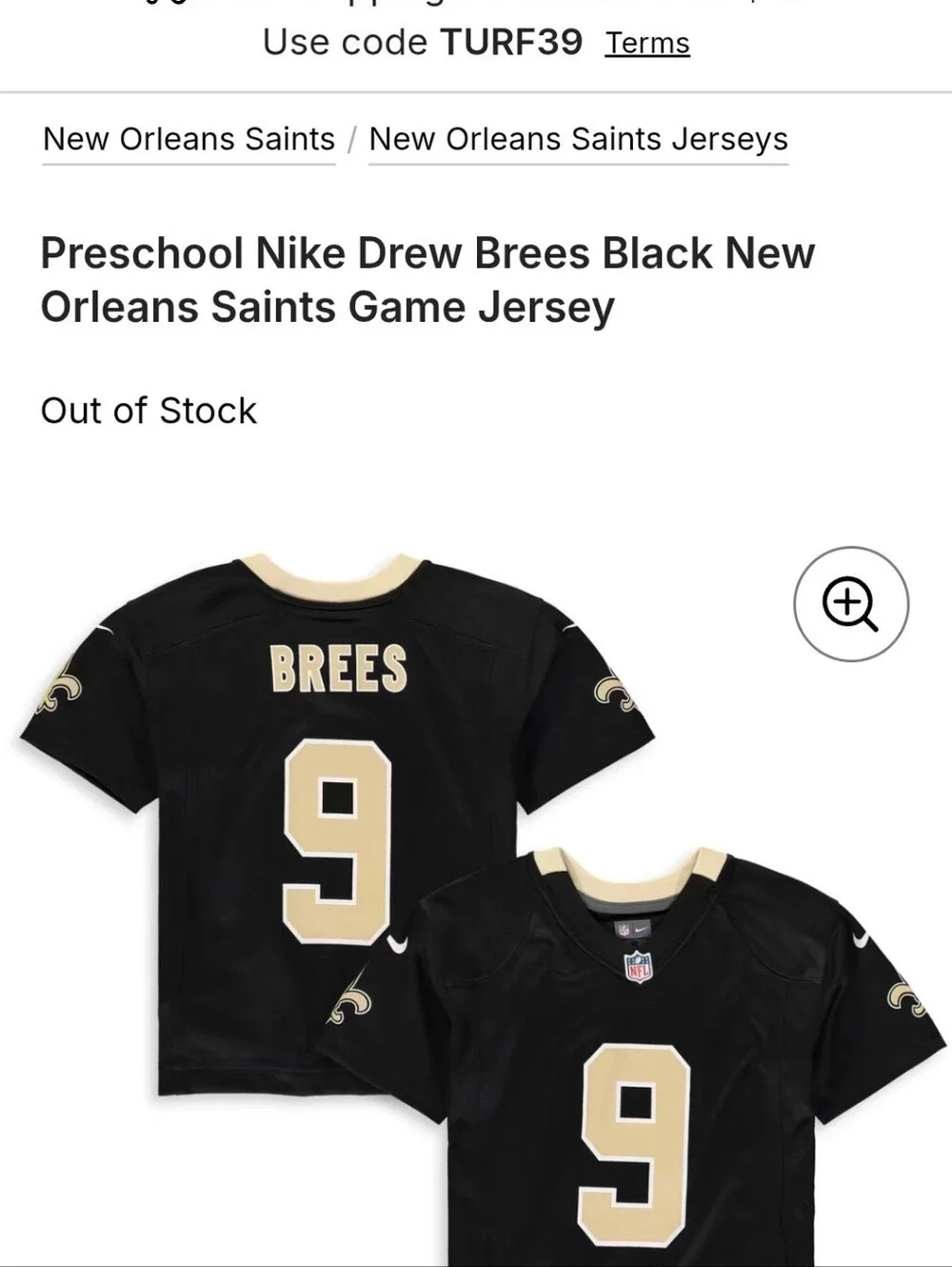 Nike Black and Gold Kids Football Jersey #9 Brees
